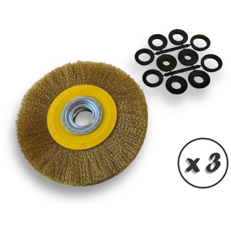 Lot de 3 brosses circulaires LAITON  Ø 200 mm  Epaisseur 3 rangs  Fil souple 0.20 mm ondulé  Alésage 32 mm + réducteur bague 25/22/20/16/12 mm  Touret affûteuse ponceuse  Kibros 238203LVx3