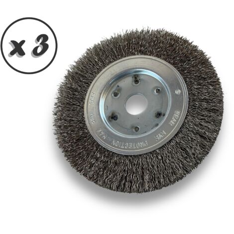 Lot de 3 brosses circulaires INOX Ø 150 mm Epaisseur 1 rang Fil dur 0.30 mm ondulé Alésage 20 mm + réducteur bague 16/12 mm Touret meuleuse affûteuse ponceuse Kibros 215151ITx3