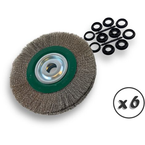 Lot de 6 brosses circulaires INOX Ø 250 mm Epaisseur 3 rangs Fil dur 0.30 mm ondulé Alésage 32 mm + réducteur bague 25/22/20/16/12 mm Touret affûteuse ponceuse Kibros 231253ITx6