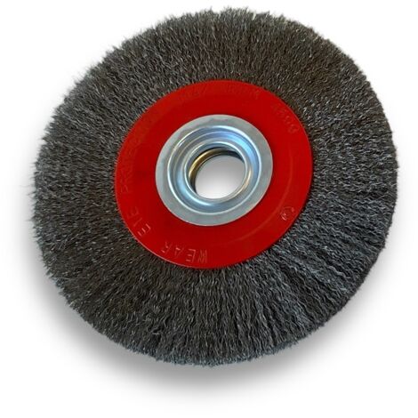 Brosse circulaire ACIER Ø 200 mm Epaisseur 3 rangs Fil souple 0.20 mm ondulé Alésage 32 mm + réducteur bague 25/22/20/16/12 mm Touret meuleuse affûteuse ponceuse Kibros 238203AV