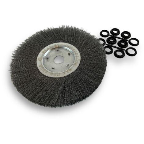 Brosse circulaire ACIER  Ø 300 mm  Epaisseur 1 rang  Fil dur 0.30 mm ondulé  Alésage 32 mm + réducteur bague 25/22/20/16/12 mm  Touret meuleuse affûteuse ponceuse  Kibros 211301AT