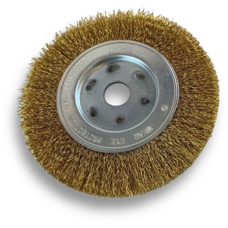 Brosse circulaire LAITON  Ø 150 mm  Epaisseur 1 rang  Fil dur 0.30 mm ondulé  Alésage 20 mm + réducteur bague 16/12 mm  Touret meuleuse affûteuse ponceuse  Kibros 215151LT