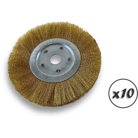 Lot de 10 brosses circulaires LAITON Ø 250 mm Epaisseur 1 rang Fil souple 0.20 mm ondulé Alésage 32 mm + réducteur bague 25/22/20/16/12 mm Touret affûteuse ponceuse Kibros 211251LVx10