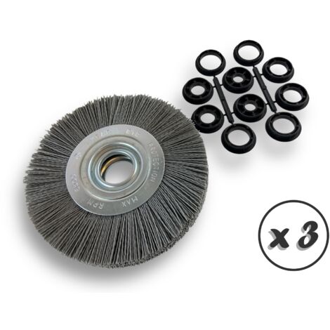 Lot de 3 brosses circulaires NYLON Abrasif  Ø 175 mm  Epaisseur 2 rangs  Carbure de silicium Grain 120  Alésage 32 mm + réducteur bague 25/22/20/16/12 mm  Touret ponceuse  Kibros 235177KR120x3 (1/5)