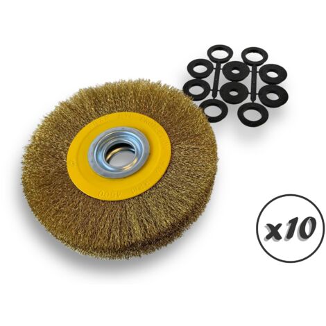 Lot de 10 brosses circulaires LAITON Ø 200 mm Epaisseur 3 rangs Fil dur 0.30 mm ondulé Alésage 32 mm + réducteur bague 25/22/20/16/12 mm Touret affûteuse ponceuse Kibros 238203LTx10