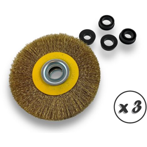 Lot de 3 brosses circulaires LAITON Ø 125 mm Epaisseur 3 rangs Fil souple 0.20 mm ondulé Alésage 16 mm Touret meuleuse affûteuse ponceuse Brossage décapage polissage Kibros 234128LVx3