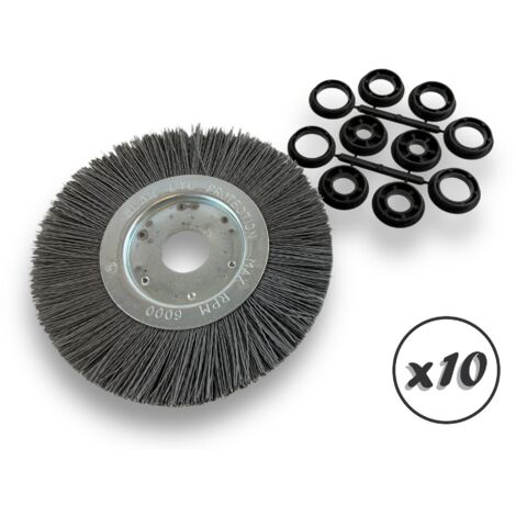 Lot de 10 brosses circulaires NYLON Abrasif  Ø 200 mm  Epaisseur 1 rang  Carbure de silicium Grain 240  Alésage 32 mm + réducteur bague 25/22/20/16/12 mm  Touret ponceuse  Kibros 218201KR240x10 (1/5)