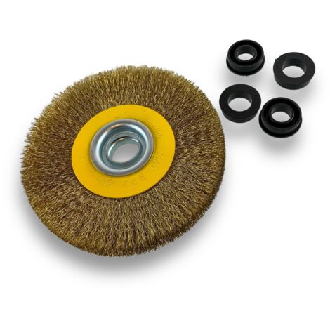 Brosse circulaire LAITON  Ø 125 mm  Epaisseur 2 rangs  Fil souple 0.20 mm ondulé  Alésage 16 mm  Touret meuleuse affûteuse ponceuse  Brossage décapage polissage dérouillage  Kibros 234127LV