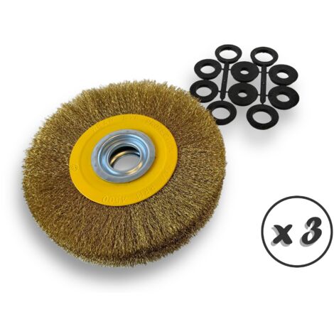 Lot de 3 brosses circulaires LAITON Ø 200 mm Epaisseur 3 rangs Fil dur 0.30 mm ondulé Alésage 32 mm + réducteur bague 25/22/20/16/12 mm Touret affûteuse ponceuse Kibros 238203LTx3