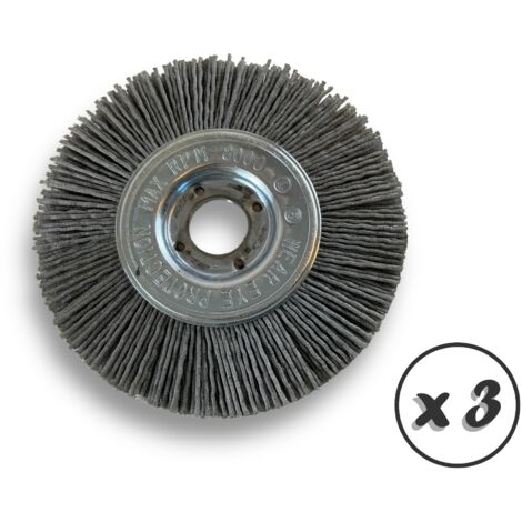 Lot de 3 brosses circulaires NYLON Abrasif  Ø 100 mm  Epaisseur 1 rang  Carbure de silicium Grain 120  Alésage 16 mm  Touret meuleuse ponceuse  Brossage décapage  Kibros 214101KR120x3