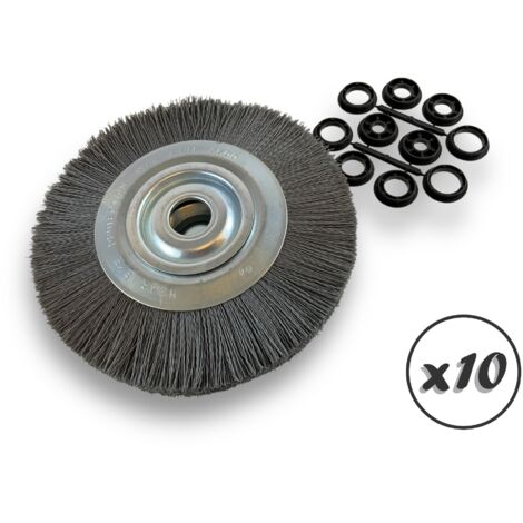 Lot de 10 brosses circulaires NYLON Abrasif Ø 250 mm Epaisseur 3 rangs Carbure silicium Grain 240 Alésage 32 mm + réducteur bague 25/22/20/16/12 mm Touret ponceuse Kibros 231253KR240x10 (1/5)