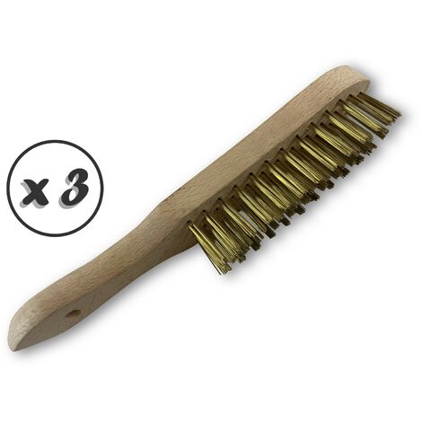 Brosse métallique à main type soudeur  Fil laiton ou inox rond lisse sur 4 rangs - Quantité x 3 - 4 rangs laiton