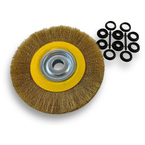 Brosse circulaire LAITON Ø 250 mm Epaisseur 2 rangs Fil dur 0.30 mm ondulé Alésage 32 mm + réducteur bague 25/22/20/16/12 mm Touret meuleuse affûteuse ponceuse Kibros 231252LT