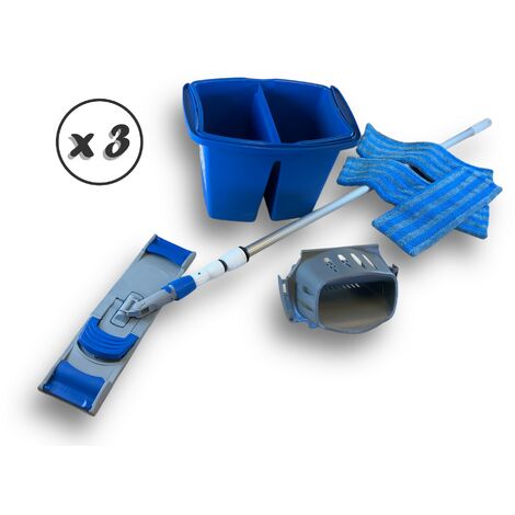 Kit Lave Sol Pro 3 Franges Micro Manche 3,80m Seau Double - Quantité x 3 - Kit lave sol télescopique (1/5)