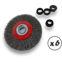 Lot de 6 brosses circulaires ACIER Ø 125 mm Epaisseur 3 rangs Fil souple 0.20 mm ondulé Alésage 16 mm Touret meuleuse affûteuse ponceuse Brossage décapage polissage Kibros 234128AVx6
