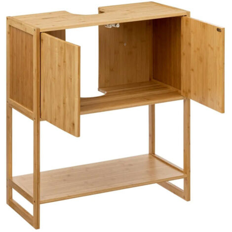 Meuble Sous Lavabo En Bambou 2 Portes - 60x30x60 Cm - Étagères Réglables, Plan De Travail Imperméable
