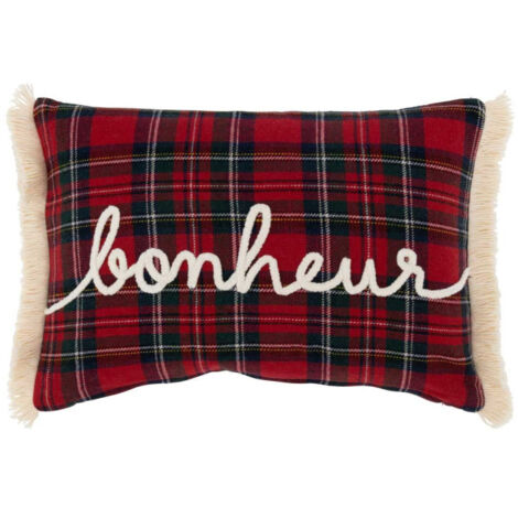 Coussin Déco à Carreaux "Bonheur" 30x45cm Rouge (1/5)