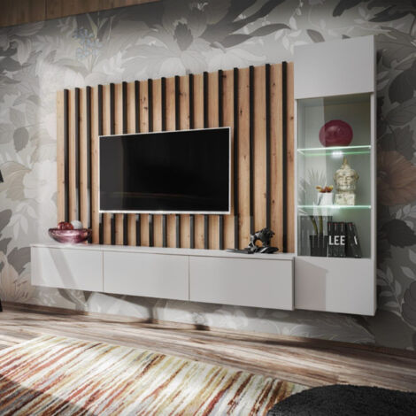 Paris Prix – Ensemble meuble TV 220cm – MDF gris et naturel – Système d'ouverture 'Push & Touch' – Fabrication européenne – Entretien facile (1/5)