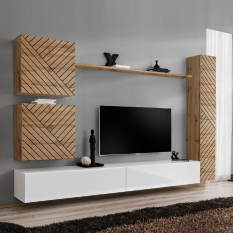 Ensemble Meuble TV "Switch Lamel VIII" 280cm Blanc & Naturel