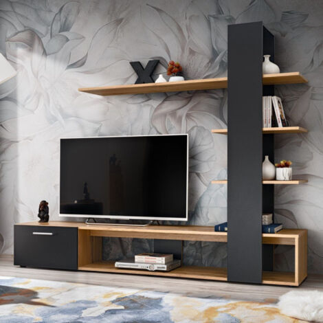 Paris Prix – Ensemble meuble TV 190cm – MDF finition mate – 3 étagères – Couleur naturel et noir – Fabrication européenne (1/5)