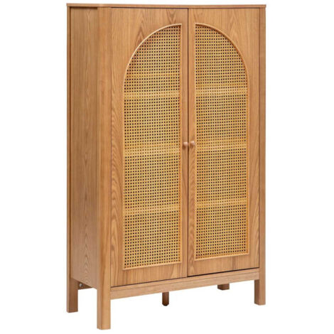 Atmosphera – Armoire 2 portes Tiria 92,5 cm – MDF, bois de frêne, rotin, métal – 3 étagères – Finition marron élégante