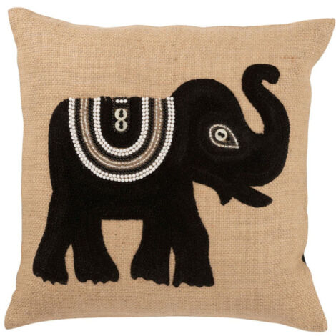 Coussin Déco Jute "Eléphant" 45x45cm Beige & Noir (1/5)