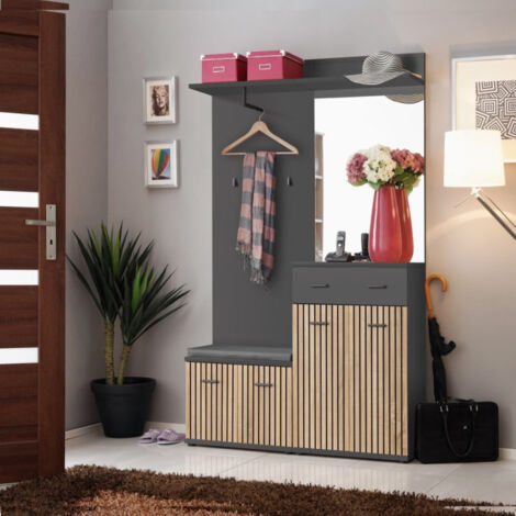 Ensemble Vestiaire 4P Miroir "Marco" 203cm Naturel & Gris (1/5)