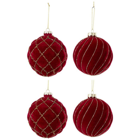 Lot de 4 Boules de Noël Velours "Caro" 10cm Rouge & Or (1/4)