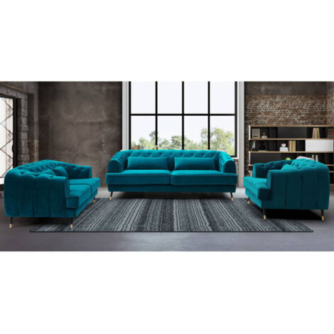 Canapé 3 Places Bleu Velours - 180 Cm - Neuf Sous Emballage