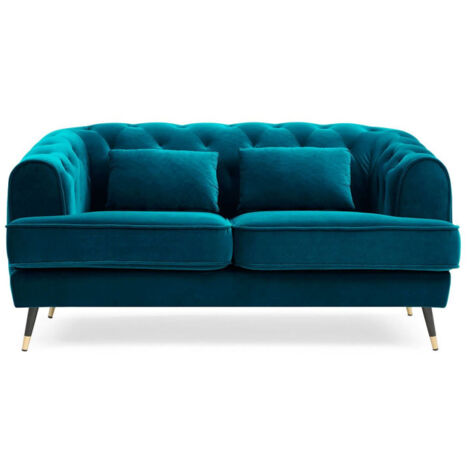 Paris Prix – Canapé droit 2 places en velours bleu canard 146cm – Coussins assortis – Ressorts ensachés – Mousse de confort (1/4)