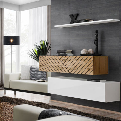 Lot de 2 Bancs Muraux & Étagère "Switch SBII" 130cm Blanc & Naturel Rainuré (1/5)