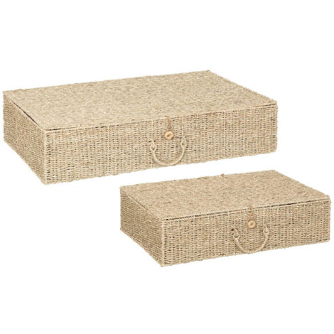 Atmosphera – Lot de 2 boîtes de rangement en paille et acier 80cm – Dimensions L. 80 x l. 50 x H. 19 cm – Avec poignées et fermeture à attaches (1/5)