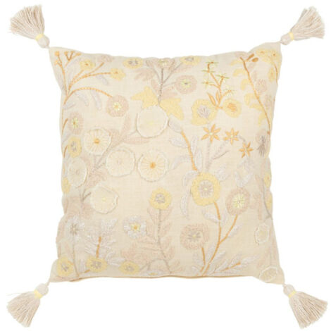 Coussin Déco à Pompons "Champêtre" 45x45cm Jaune Clair (1/3)