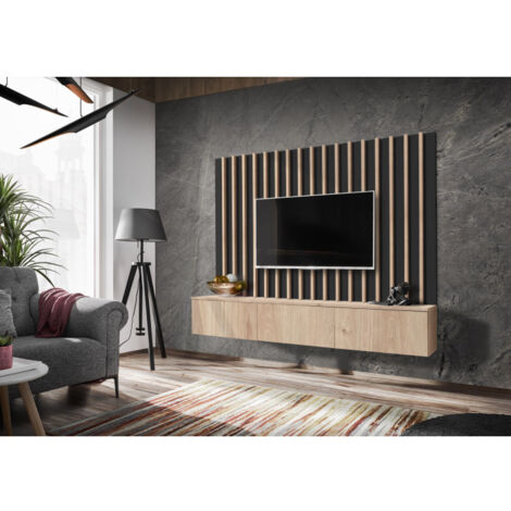 Paris Prix – Ensemble meuble TV 180cm – Panneaux stratifiés – Finition mate – Système d'ouverture push & touch – Naturel et noir (1/3)