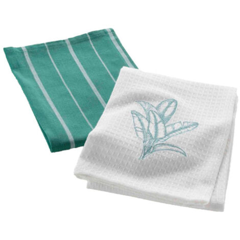 Lot de 2 Torchons Nid d'Abeille Brodé "Botanique" 50x70cm Vert (1/3)
