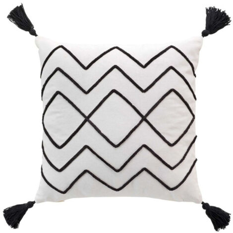 Housse de Coussin à Pompons "Coline" 40x40cm Naturel & Noir (1/4)