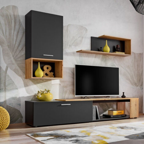 Ensemble Meuble TV Design "Maze II" 200cm Noir & Naturel (1/5)