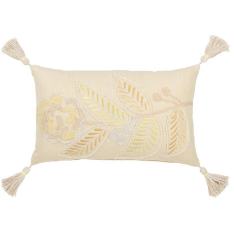 Coussin Déco à Pompons "Champêtre" 30x50cm Jaune Clair (1/3)
