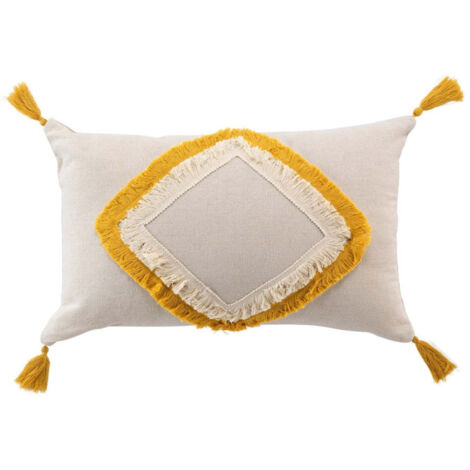 Coussin Déco à Pompons "Malory" 30x50cm Jaune (1/4)
