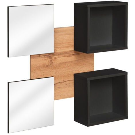 Panneau Mural, 2 Étagères & 2 Miroirs "Easy" 100cm Noir (1/3)