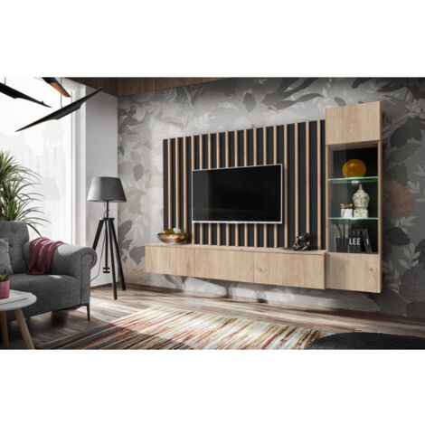 Paris Prix – Ensemble meuble TV 220cm – Panneaux stratifiés et verre – Système d'ouverture 'Push & Touch' – Tendance moderne – Naturel et noir (1/3)
