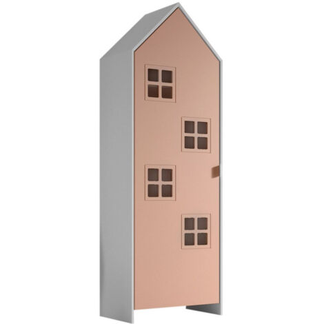 Paris Prix – Armoire enfant 171,5cm – 1 porte – MDF laqué rose – Design maison style cabane de plage – À monter soi-même (1/4)