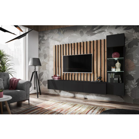 Paris Prix – Ensemble meuble TV 220cm – Panneaux stratifiés et verre – Finition mate – Système d'ouverture push & touch – Noir et naturel (1/3)