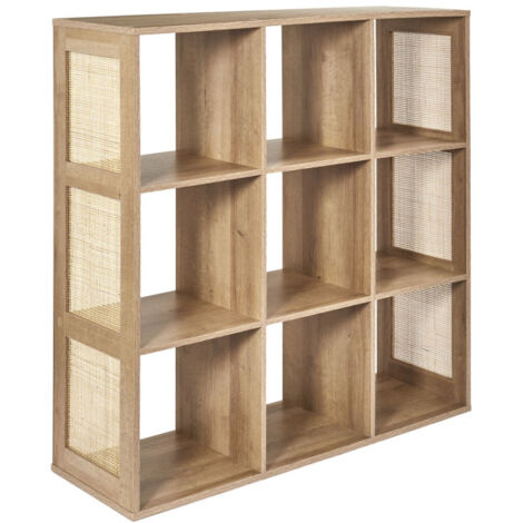 Paris Prix – Étagère modulable 9 cases – Dimensions L. 99,6 x l. 32 x H. 99 cm – Panneaux de particules et rotin – Marron moderne