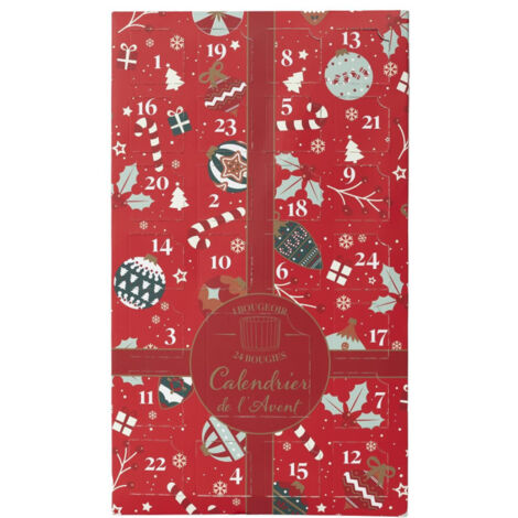 Paris Prix – Calendrier de l'Avent 24 bougies parfumées – Photophore en verre rouge 37cm – Senteurs vanille, cannelle, bois de santal