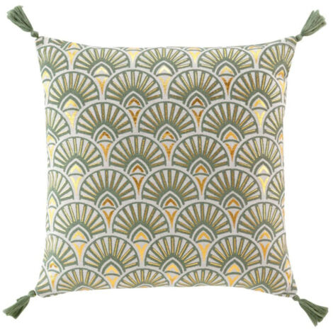 Coussin Déco Pompons "Icare" 45x45cm Vert (1/5)