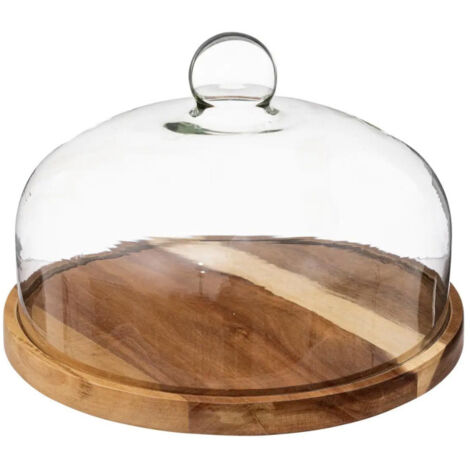 Cloche de table en verre avec plateau en acacia 28cm – Protection ronde marron – Pour service et présentation – Secret De Gourmet