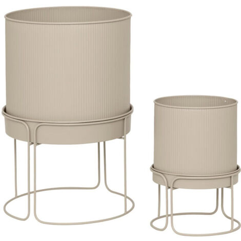 Atmosphera – Lot de 2 cache-pots en métal 44cm – Beige lin – Trou d'évacuation d'eau – Usage extérieur – À monter soi-même (1/2)