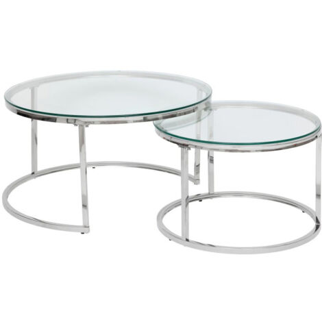 Atmosphera – Lot de 2 tables basses gigognes 80cm – Verre trempé et acier inoxydable – Finition argent – Dimensions : D. 60/80 x H. 39,5/43,2 cm (1/4)