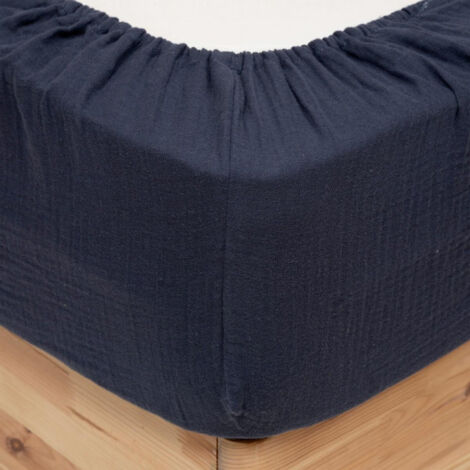Drap Housse en Gaze de Coton "Flora" 160x200cm Bleu (1/3)